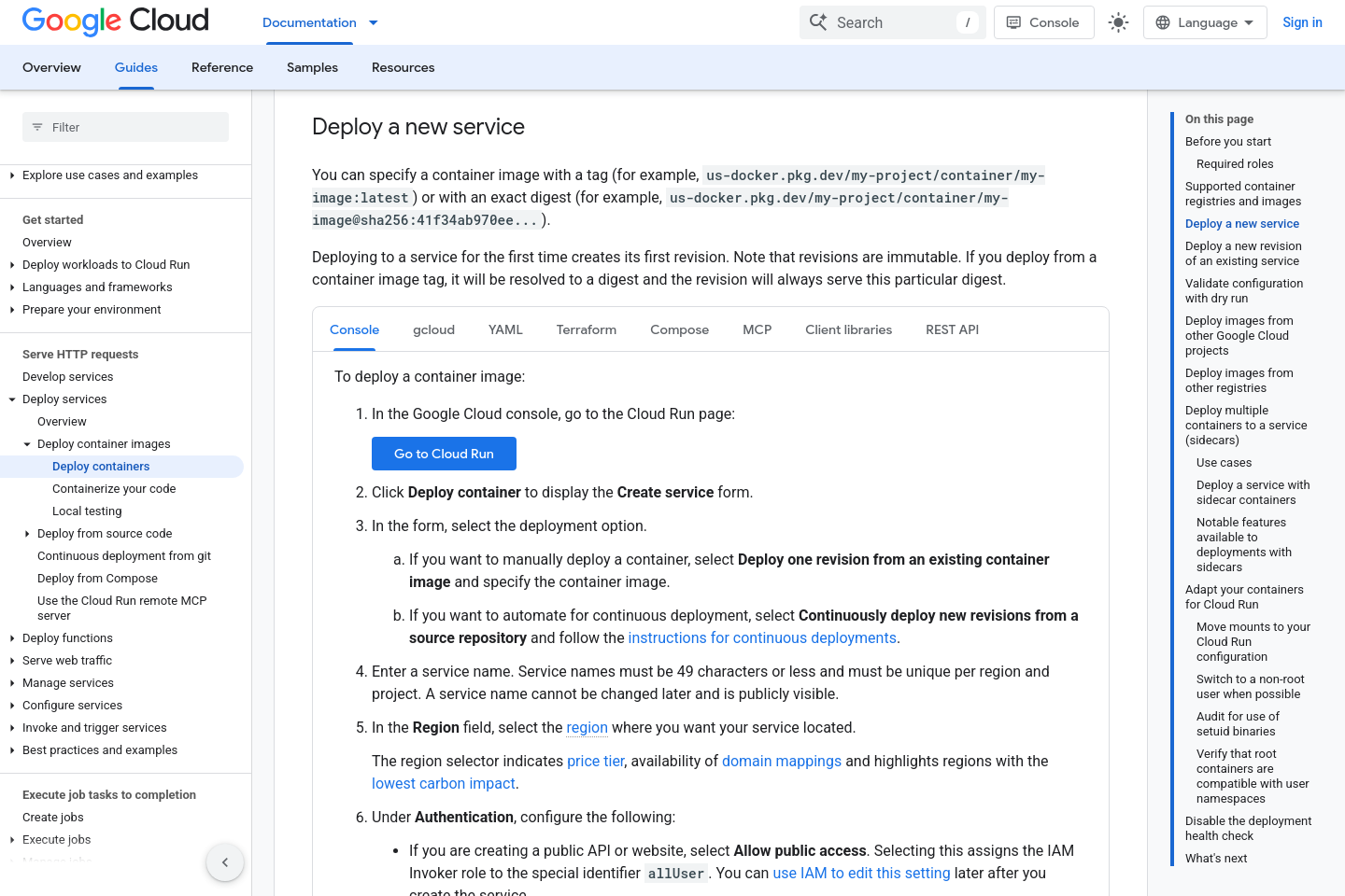 Google Cloud 官方 Cloud Run 部署文件實際頁面
