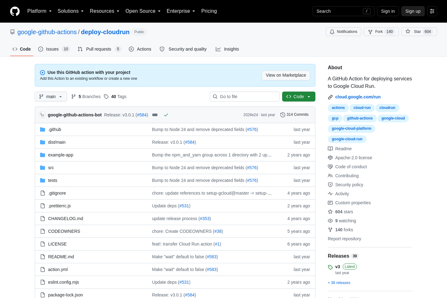 Google 官方 deploy-cloudrun GitHub Action 的 Usage 實際頁面