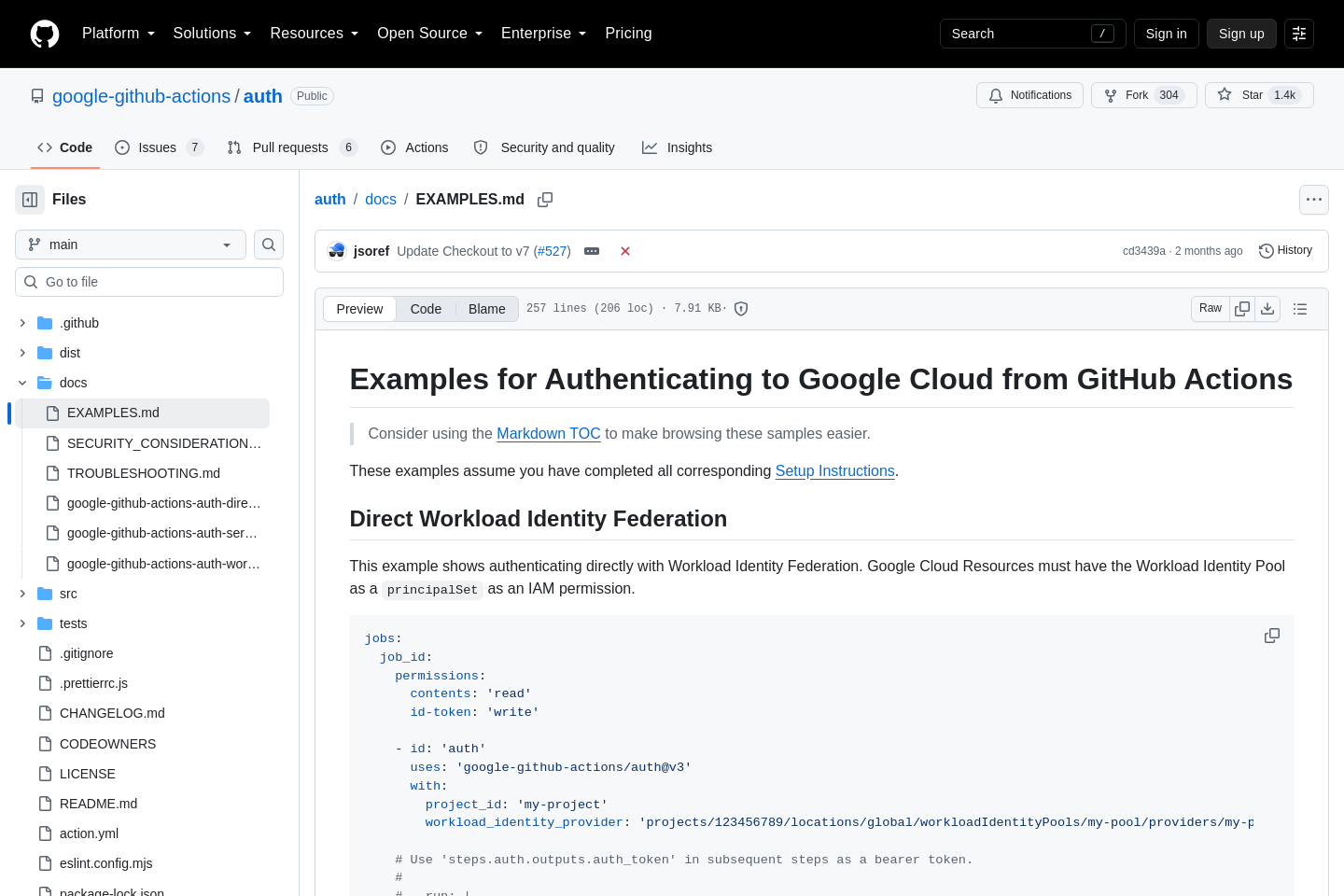 Google 官方 GitHub auth Action 的 Workload Identity Federation 實際範例頁面